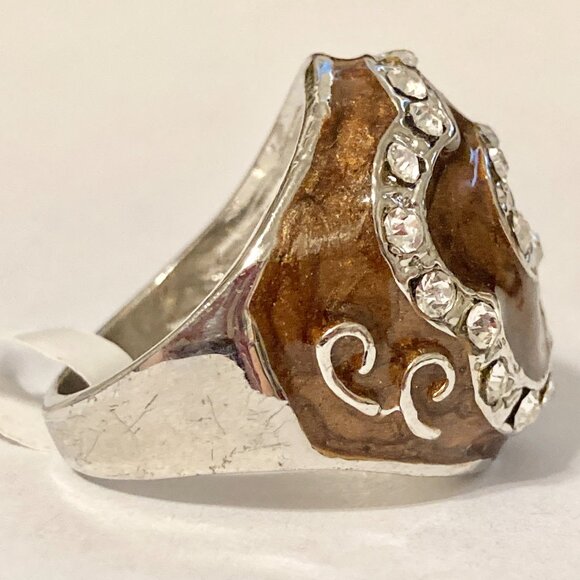 Vintage Brown Enamel Swirl Crystal Cocktail Ring Art Deco Silver Plated Size 8 - Picture 5 of 12